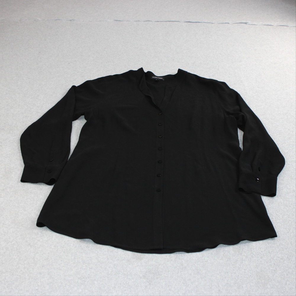 Eileen Fisher Silk Shirt Women Large Black Button V Neck Tunic Lagenlook Office